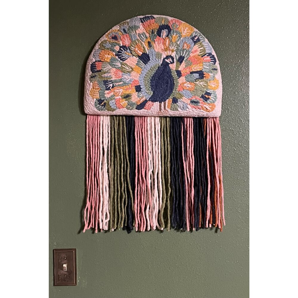 Hanging Boho Wall Art Yarn Woven Peacock Fringe Multi Colored Fabric Wal…